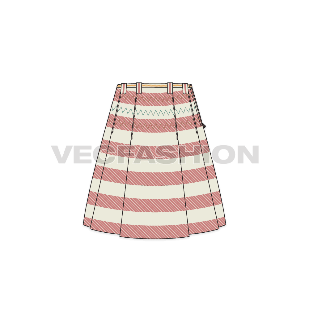 Womens knife pleat vintage skirt flat sketch, back view