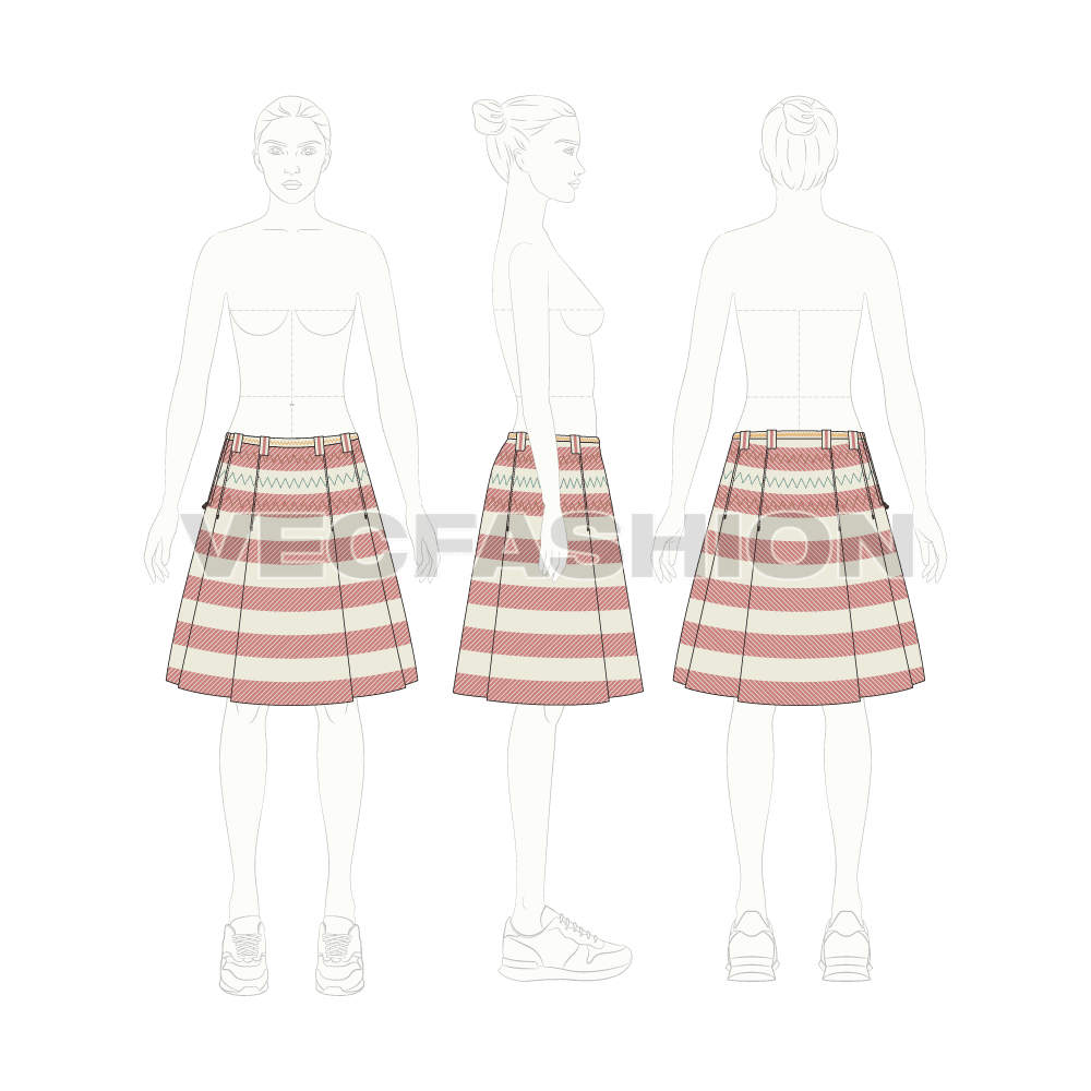 Womens knife pleat vintage skirt flat sketch, croqui sketch
