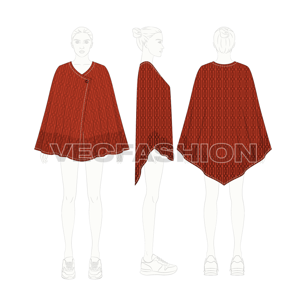 Womens knitted capelet poncho flat sketch, croqui sketch