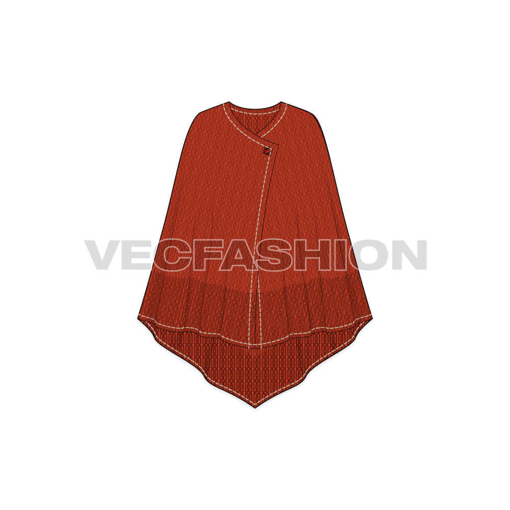 Womens knitted capelet poncho flat sketch, front view