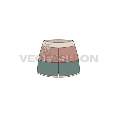 A vector fashion sketch for Women's Knotted Shorts. It has a white colored waistband with two contrast colored body panels. There is mesh texture pattern added on it and the defining element of this shorts is the unique style of drawstrings knotted towards the right side.  