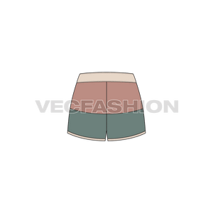 A vector fashion sketch for Women's Knotted Shorts. It has a white colored waistband with two contrast colored body panels. There is mesh texture pattern added on it and the defining element of this shorts is the unique style of drawstrings knotted towards the right side.  