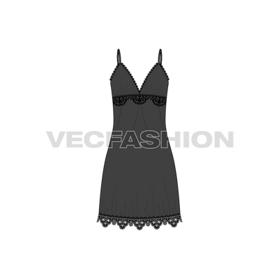 A vector fashion template sketch for Women's Laced Nightie. A very special article made out of sheer fabric and lace trims all over the edges. This is a high in demand style for nighties and gives a seductive look once worn. 