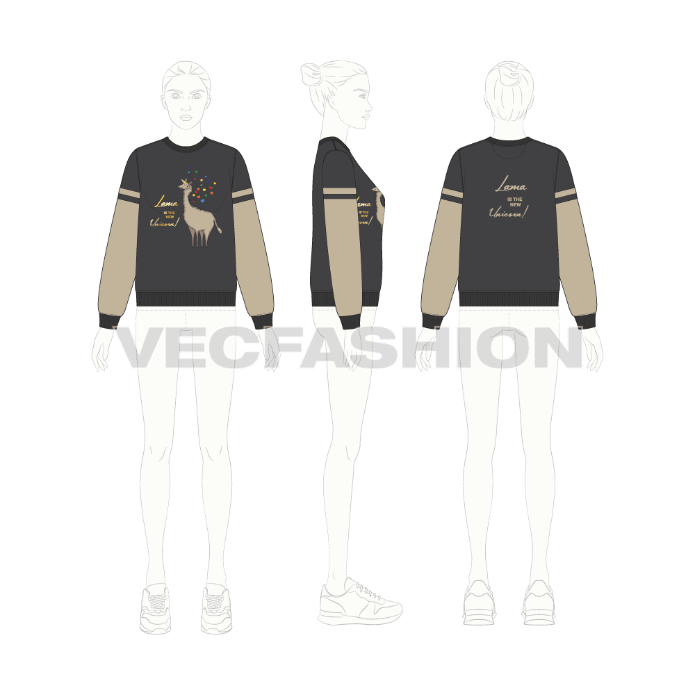 Womens lama inspired sweatshirt flat sketch, croqui sketch