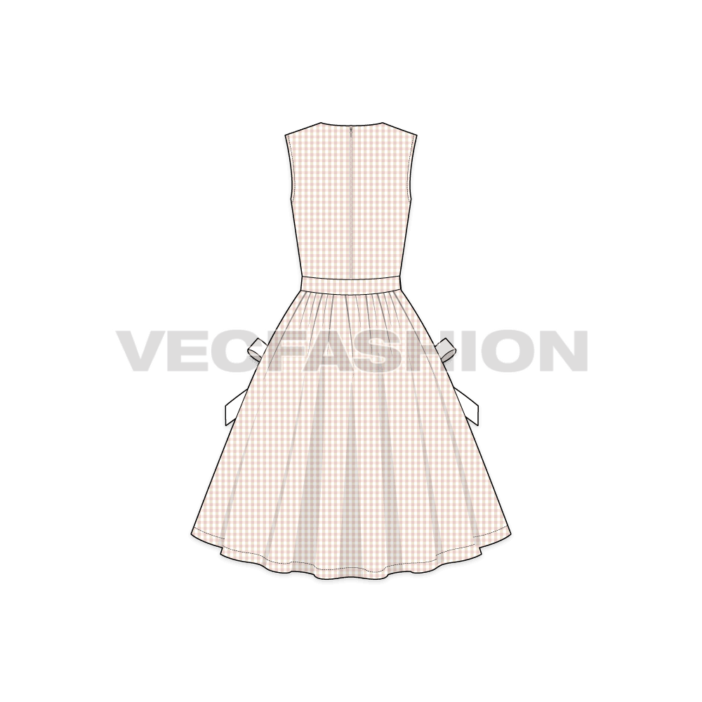 Womens lapel v neck swing dress flat sketch, back view