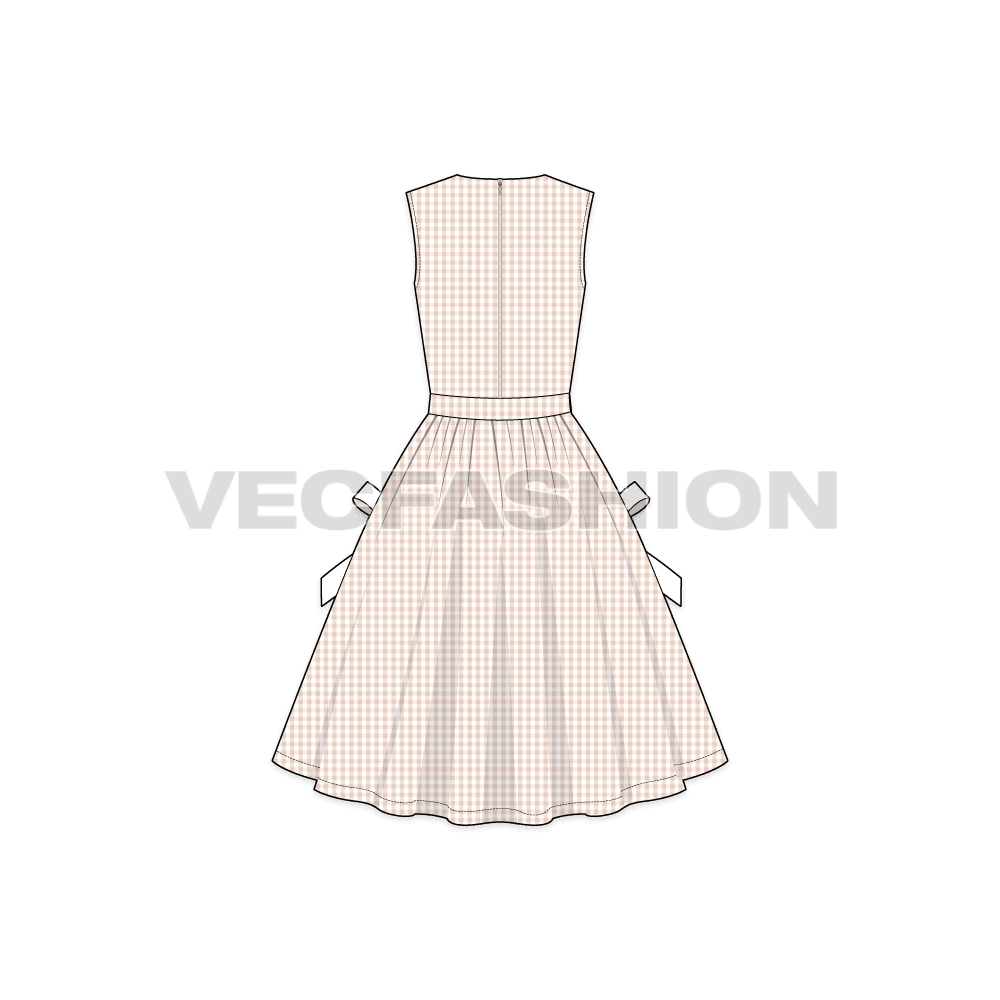 A vector template for Women's Lapel V Neck Swing Dress. It has a peach colored check print on body fabric and white trims.