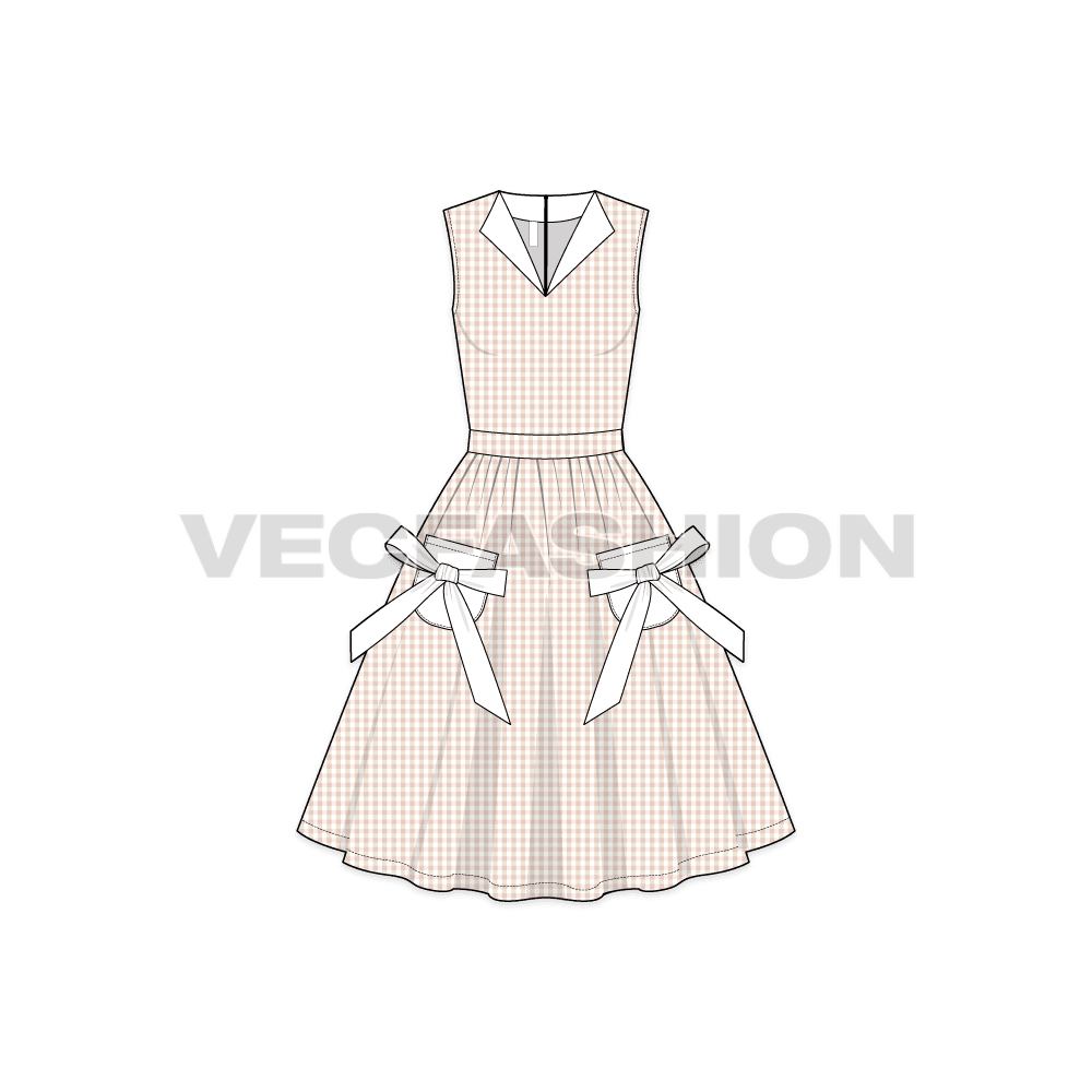 Womens lapel v neck swing dress flat sketch, front view