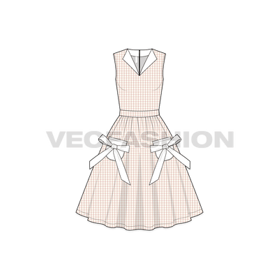 A vector template for Women's Lapel V Neck Swing Dress. It has a peach colored check print on body fabric and white trims.