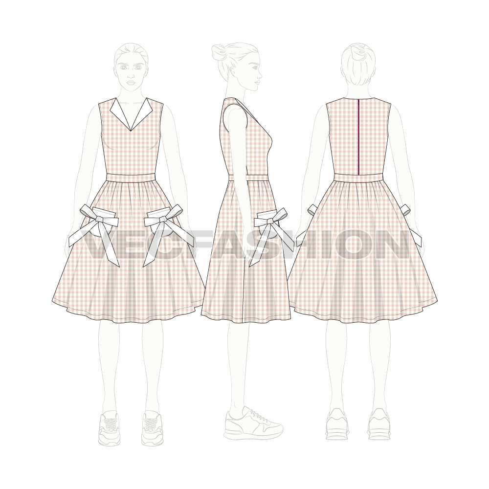 Womens lapel v neck swing dress flat sketch, croqui sketch