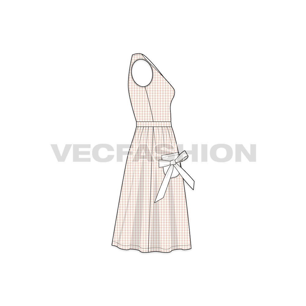 Womens lapel v neck swing dress flat sketch, side view