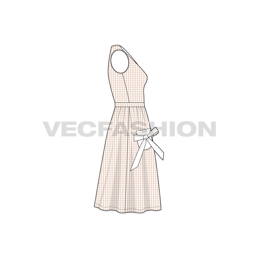 A vector template for Women's Lapel V Neck Swing Dress. It has a peach colored check print on body fabric and white trims.