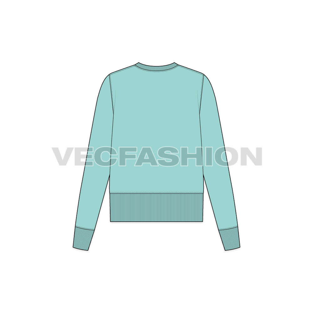 A Women's clothing template of Slim-fit Sweatshirt with longer rib in Light Blue color. The Rib is used on Collar and on Sleeve and Bottom Hem.