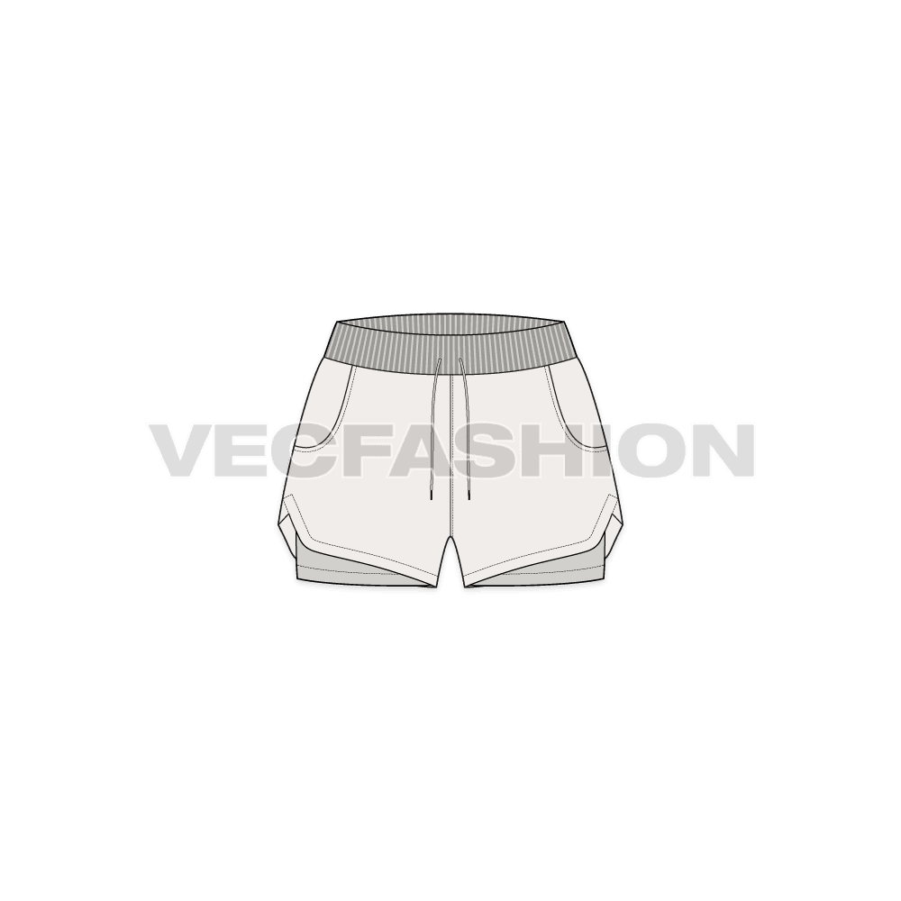 Womens layered gym shorts flat sketch, front view
