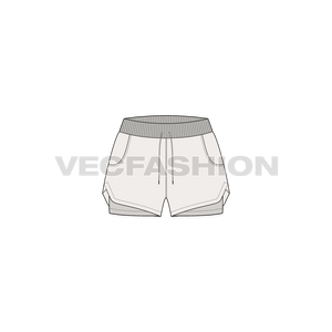 A vector fashion sketch template of Women's Gym Shorts. It has two layers of fabric, the bottom layer is made with compression material lycra and the top layer is polyester base. It has rib on waistband and drawstrings for adjustment. 