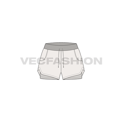 A vector fashion sketch template of Women's Gym Shorts. It has two layers of fabric, the bottom layer is made with compression material lycra and the top layer is polyester base. It has rib on waistband and drawstrings for adjustment. 