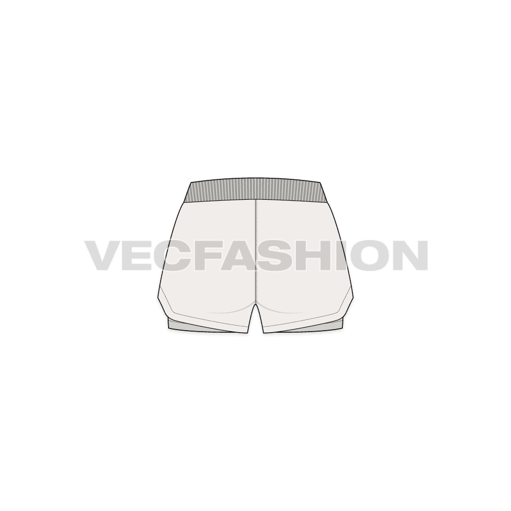 Womens layered gym shorts flat sketch, back view