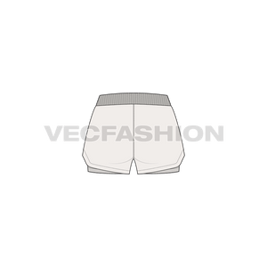A vector fashion sketch template of Women's Gym Shorts. It has two layers of fabric, the bottom layer is made with compression material lycra and the top layer is polyester base. It has rib on waistband and drawstrings for adjustment. 