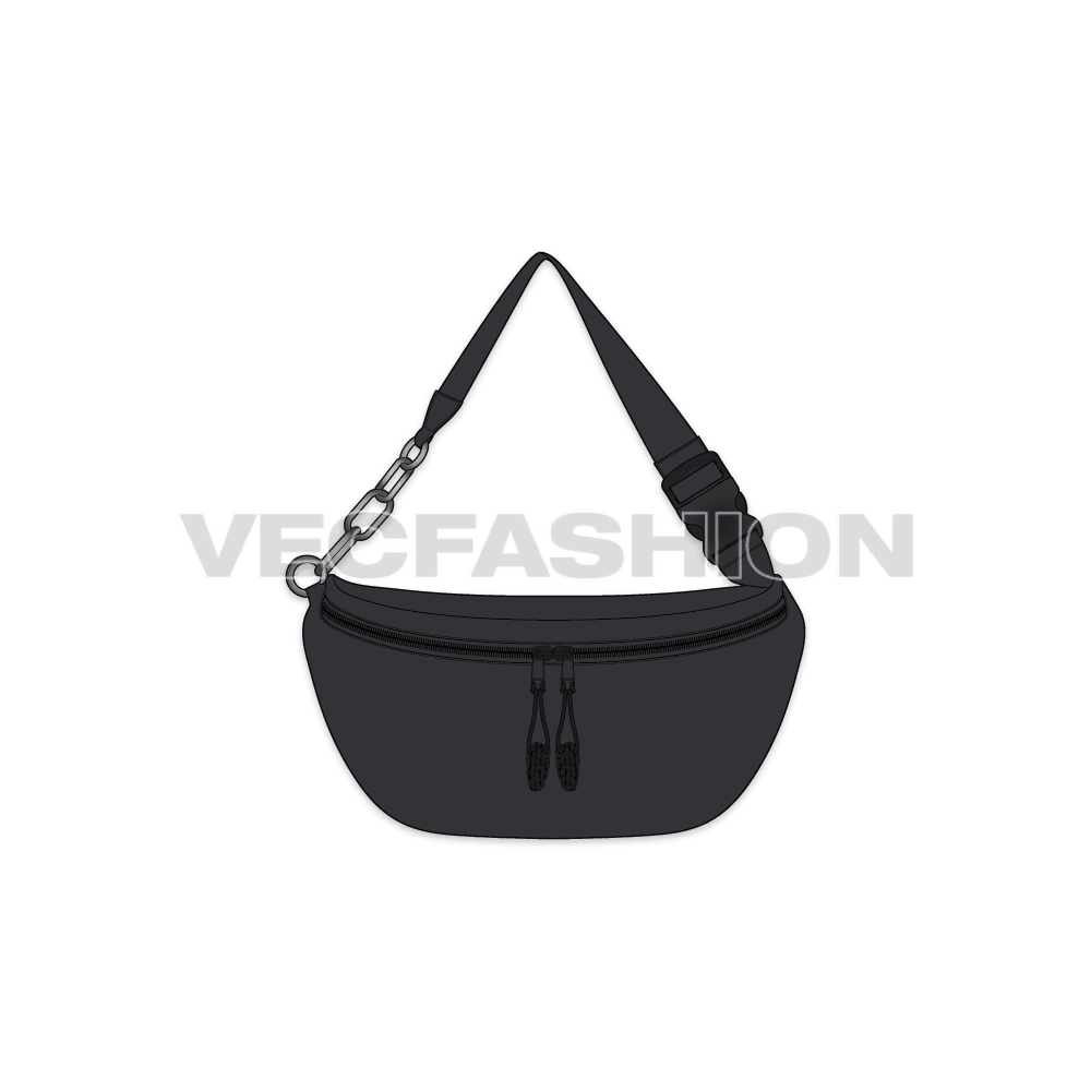 A vector illustration of a Women's Leather Bag. It is inspired by the Fanny Pack and have metal buckles on one side and plastic adjustment on the other. There is a pocket on front with dual zipper.