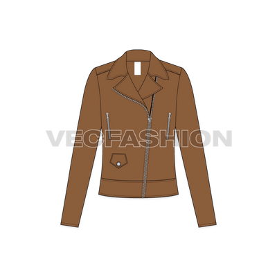 A vector fashion flat sketch for Women's Leather Biker Jacket. It has all details that comes on a leather jacket also know as Moto Jacket. 