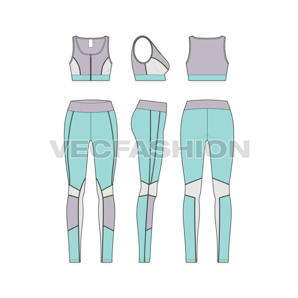 Womens legging sport bra flat sketch, showing all views, front, side and back