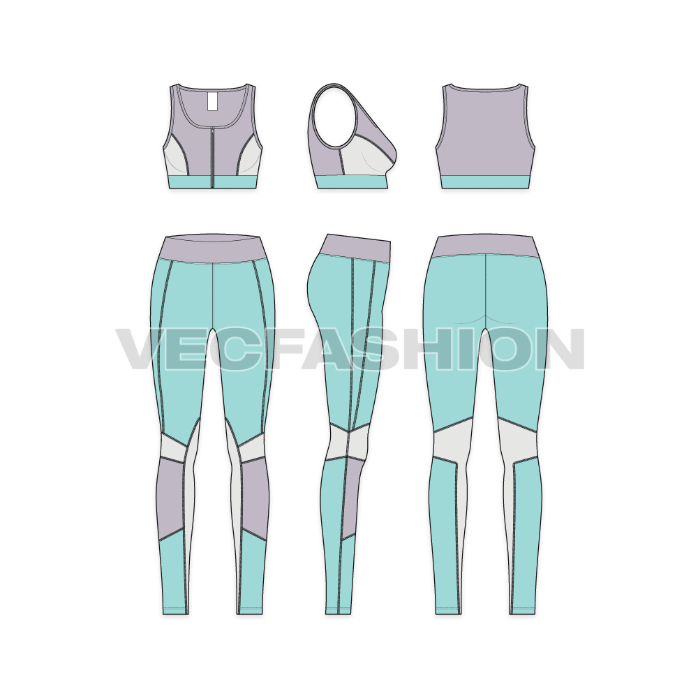 A vector fashion sketch template of Women's Legging Sport Bra. It is a complete set with sports bra and compression leggings. The design is inspired by modern styles and gives a great comfort while working out.  