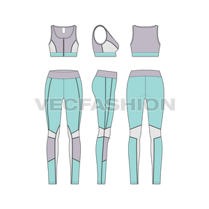 A vector fashion sketch template of Women's Legging Sport Bra. It is a complete set with sports bra and compression leggings. The design is inspired by modern styles and gives a great comfort while working out.  
