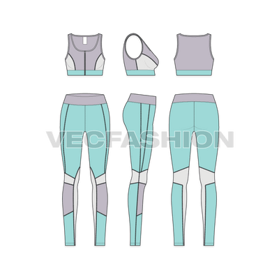 A vector fashion sketch template of Women's Legging Sport Bra. It is a complete set with sports bra and compression leggings. The design is inspired by modern styles and gives a great comfort while working out.  