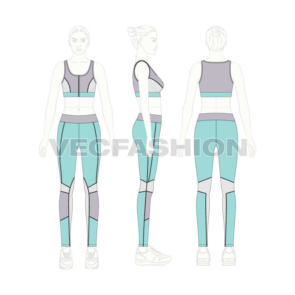 Womens legging sport bra flat sketch, on croqui