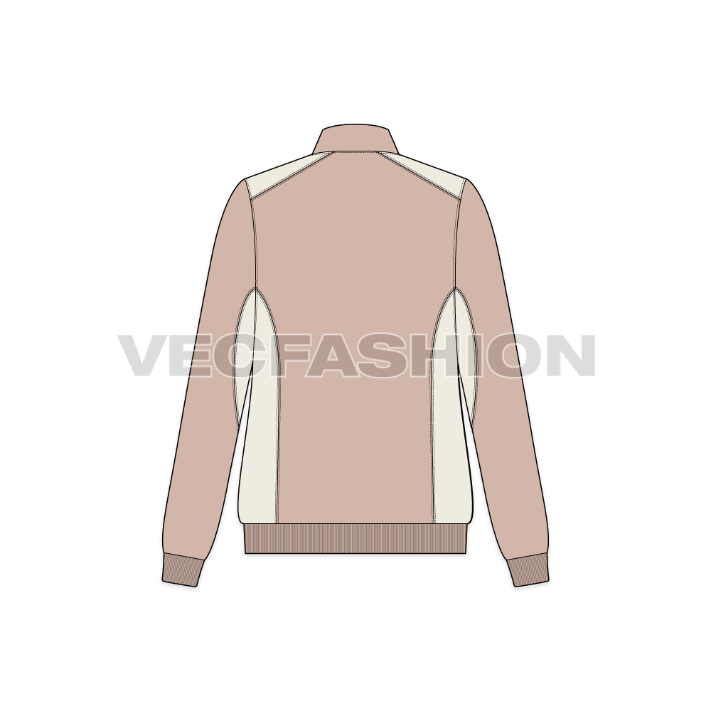 A vector apparel template for Women's Light Weight Winter Jacket. It has contrast colored panels on shoulder and side body. The metal auto stop zip puller is a detailed vector illustration.