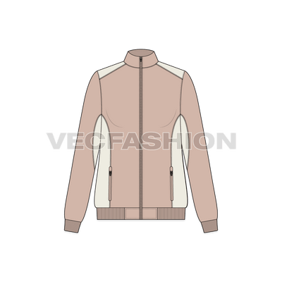 A vector apparel template for Women's Light Weight Winter Jacket. It has contrast colored panels on shoulder and side body. The metal auto stop zip puller is a detailed vector illustration.