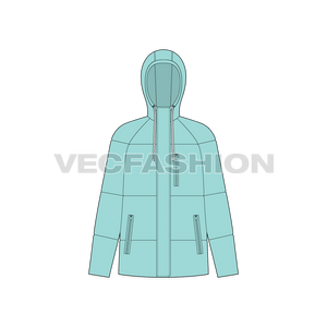 A vector apparel template for Women's Lightweight Down Jacket. it is a very comfortable fit and made with high tech details. It has hood attached with wide and soft flat tape drawstring, pockets on front sides and the iconic puffy look. 