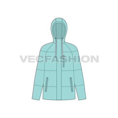 A vector apparel template for Women's Lightweight Down Jacket. it is a very comfortable fit and made with high tech details. It has hood attached with wide and soft flat tape drawstring, pockets on front sides and the iconic puffy look. 