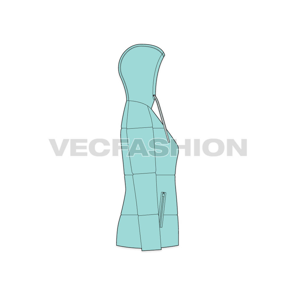 A vector apparel template for Women's Lightweight Down Jacket. it is a very comfortable fit and made with high tech details. It has hood attached with wide and soft flat tape drawstring, pockets on front sides and the iconic puffy look. 