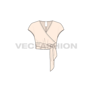A vector template of Women's Linen Blend Wrap Top. It has an asymmetrical overlapping opening on front with a big bow tie on the side for enclosure.