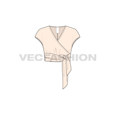 A vector template of Women's Linen Blend Wrap Top. It has an asymmetrical overlapping opening on front with a big bow tie on the side for enclosure.