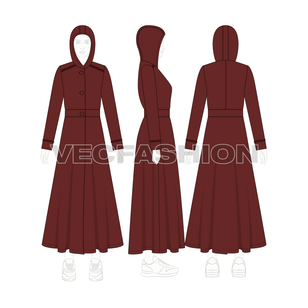 Women's Long Coat flat sketch, croqui sketch