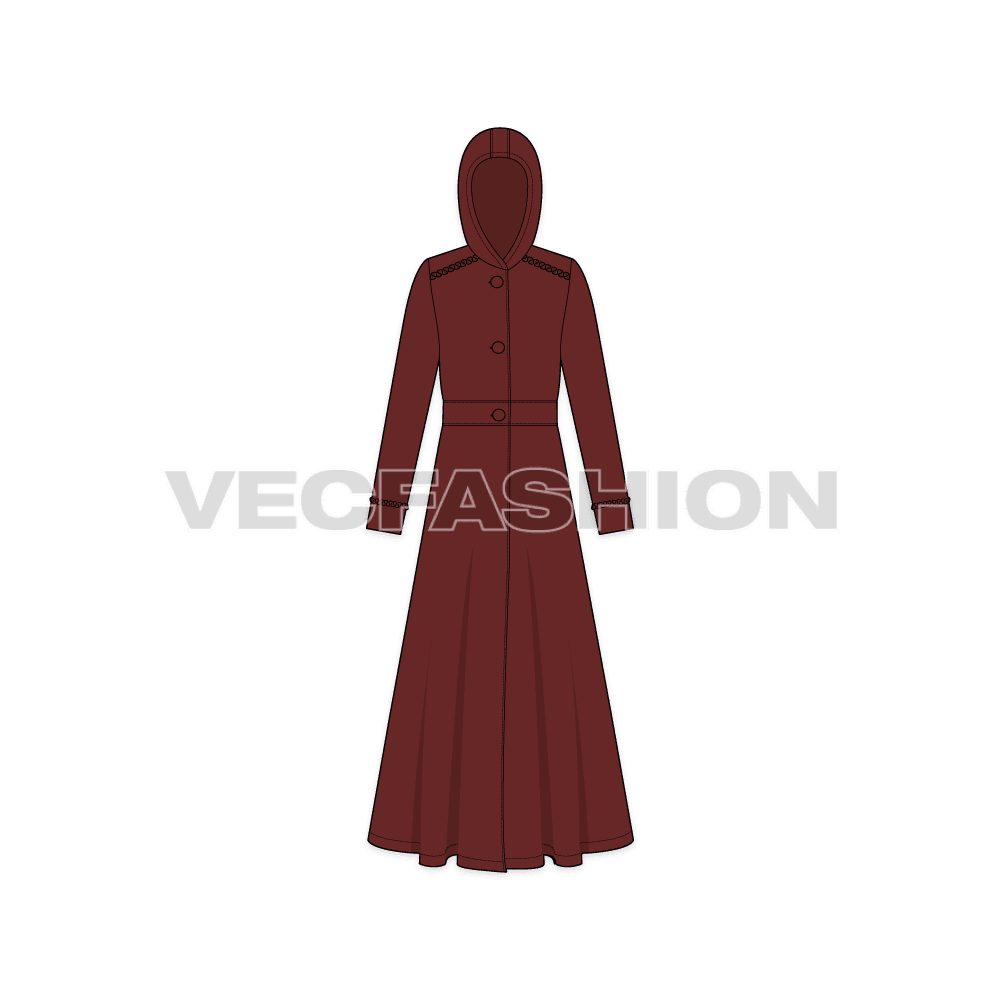 Women's Long Coat flat sketch, front view