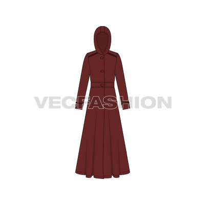 A vector illustrator template of Women's Long Coat. It is a full length coat with hood and a thick band around the waist. 