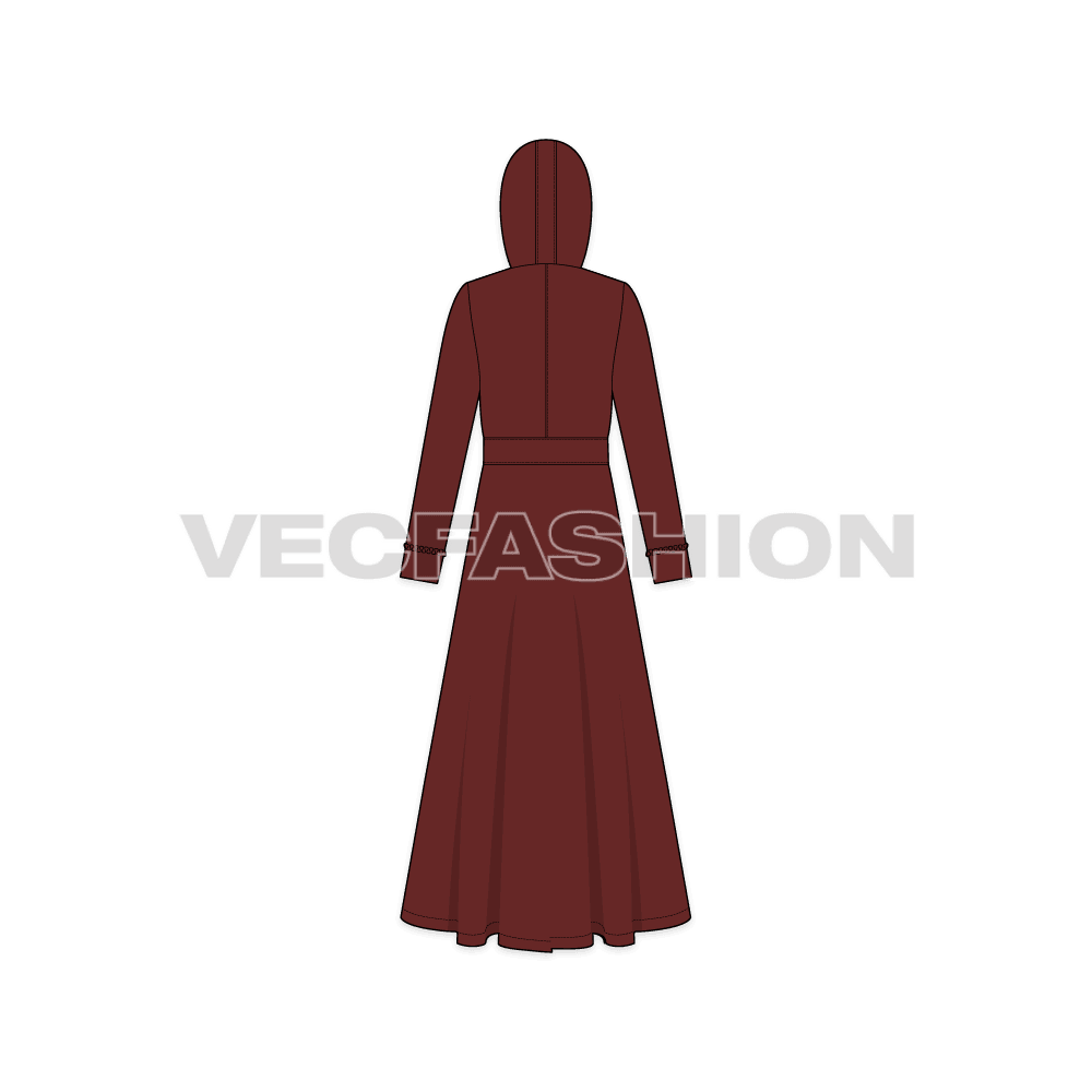 A vector illustrator template of Women's Long Coat. It is a full length coat with hood and a thick band around the waist. 