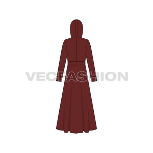 A vector illustrator template of Women's Long Coat. It is a full length coat with hood and a thick band around the waist. 
