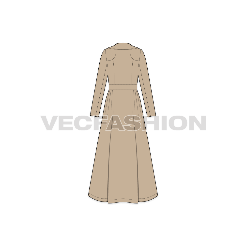 Women's Long Coat with Big Collar flat sketch, back view