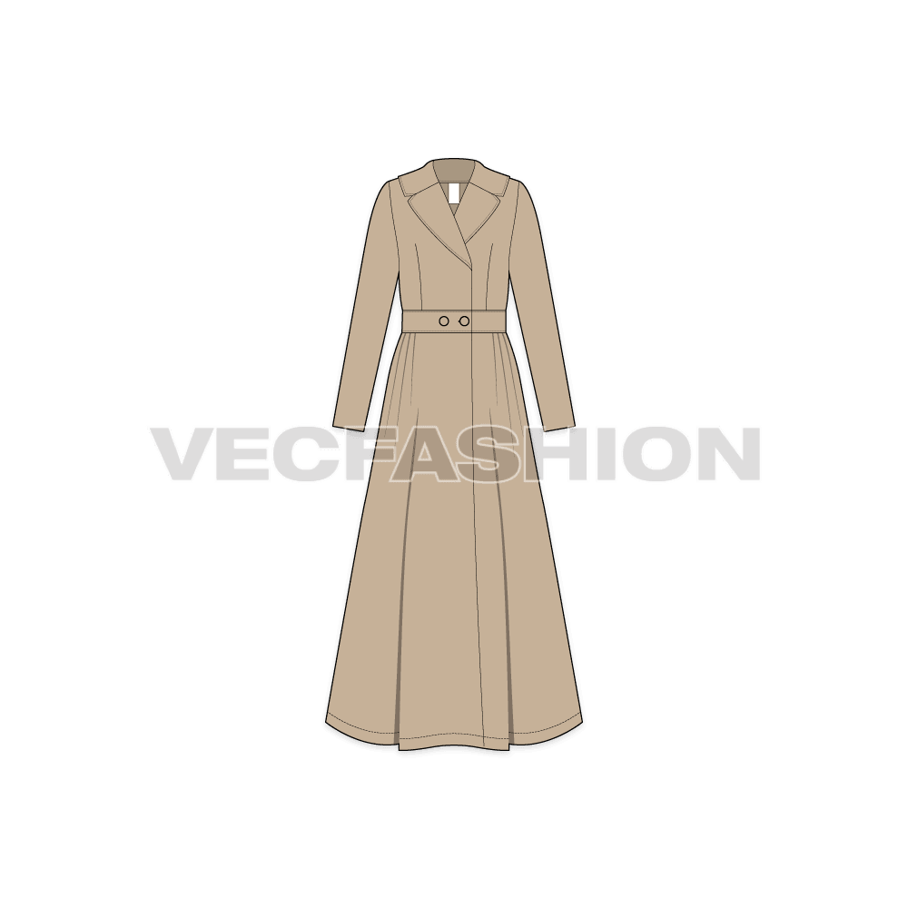 Women's Long Coat with Big Collar flat sketch, front view