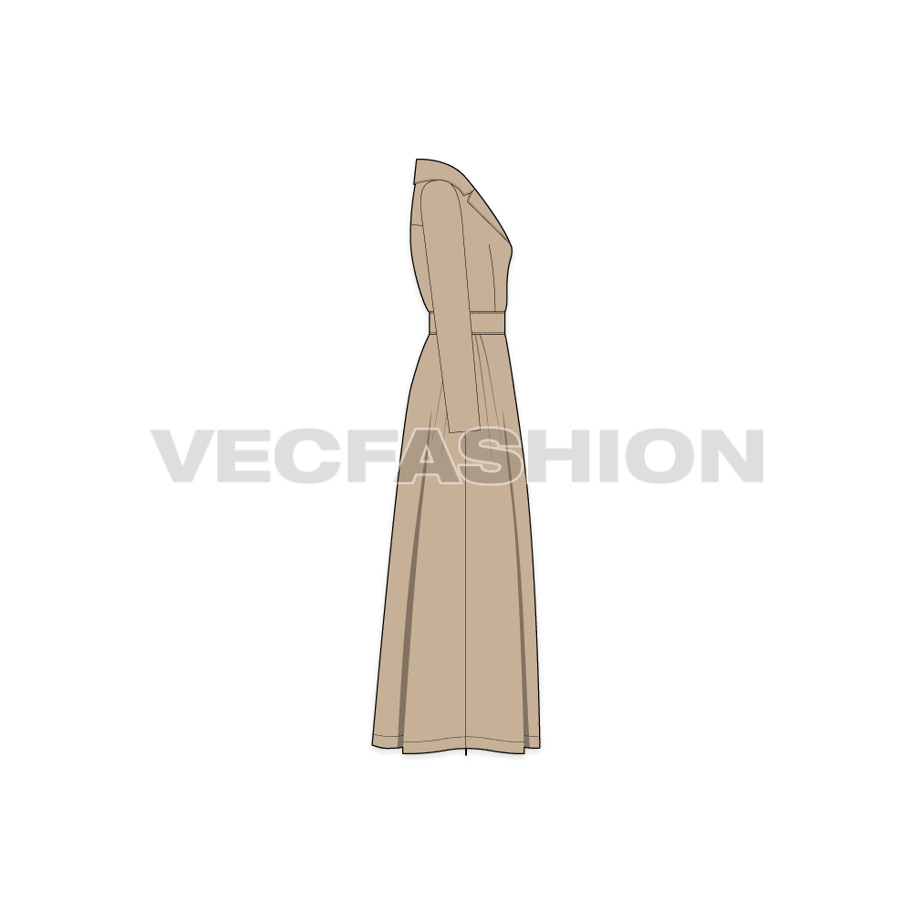 Women's Long Coat with Big Collar flat sketch, side view