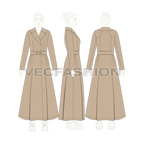 Women's Long Coat with Big Collar flat sketch, croqui sketch