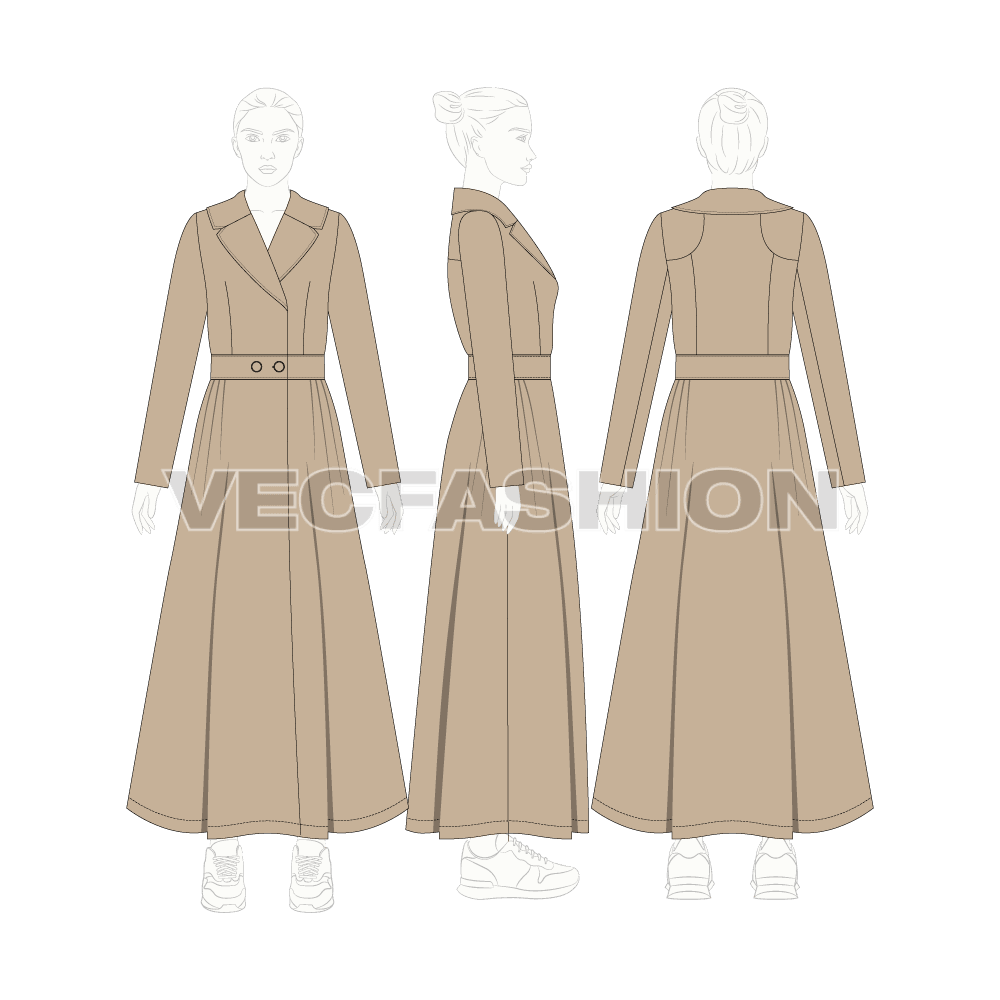 Women's Long Coat with Big Collar flat sketch, croqui sketch