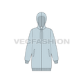 Womens long length front open hoodie flat sketch, front view