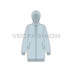 Womens long length front open hoodie flat sketch, front view
