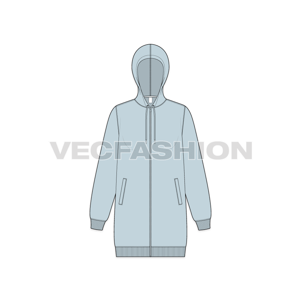 Womens long length front open hoodie flat sketch, front view