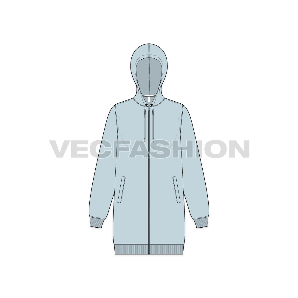 A vector illustrator sketch template of Women's Long Length Raglan Sleeve Hoodie.