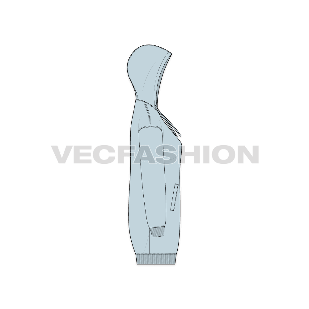 Womens long length front open hoodie flat sketch, side view
